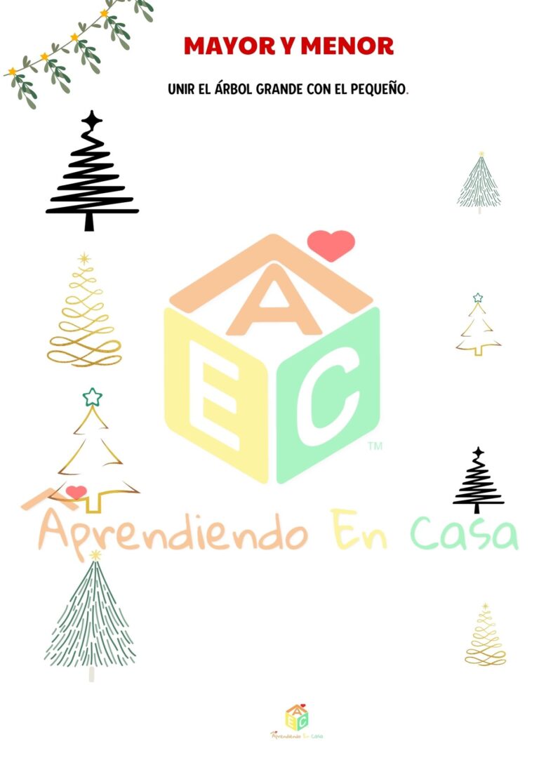 Ejemplo de página de libro de actividades navideñas, con diferentes tipos de árboles de navidad grandes y chiquitos para unir