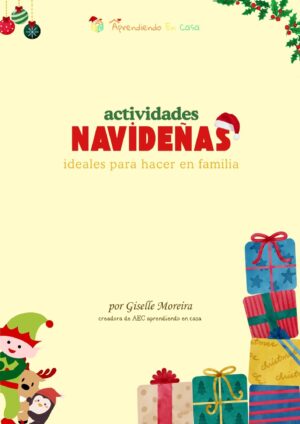 Tapa de libro de actividades navideñas 2024 de AEC. Fondo amarillento con regalos, juguetes y guirnaldas